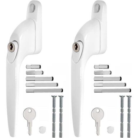 Set mit 2 abschließbaren weißen Aluminium-Fenstergriffen für UPVC-Fenster mit Schlüssel für 10/15/30/40/50 mm Mehrfachstifte, weiß