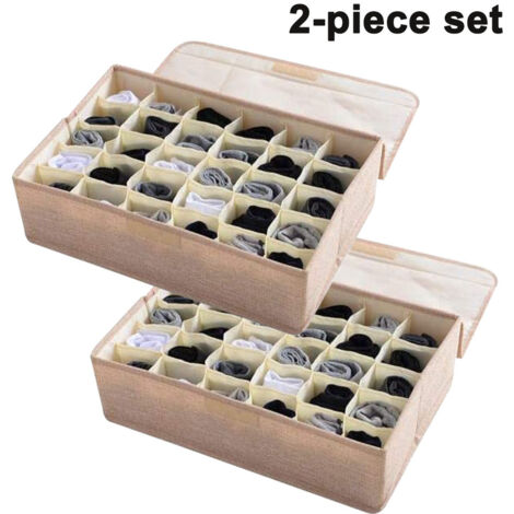 Set mit 2 Aufbewahrungsboxen für Unterwäsche und Socken, faltbarer Schubladeneinsatz mit Deckel, 30 Fächer, aus Leinen und Baumwolle, geeignet zur Aufbewahrung von Socken und Unterwäsche