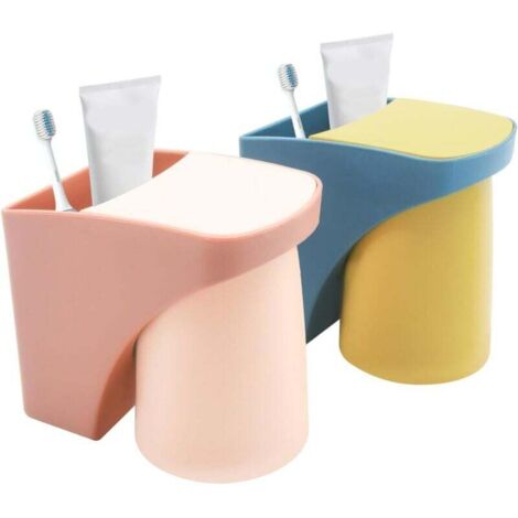Set mit 2 bohrfreien Zahnbürstenhaltern, bohrfreie Zahnbürstenhalter, Zahnbürstenhalter mit Magnetbecher, elektrischer Zahnbürstenhalter für die ganze Familie (Gelb + Rosa)