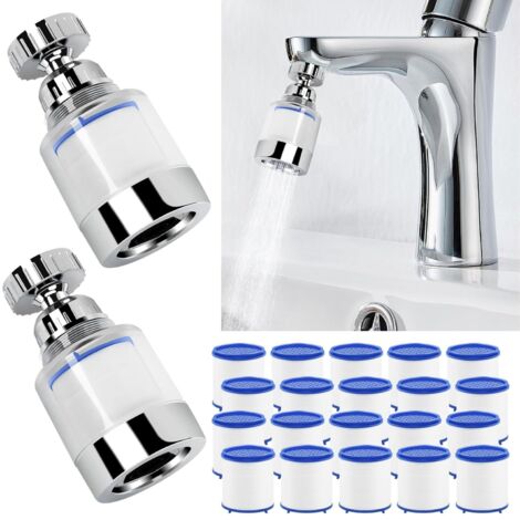 Set mit 2 drehbaren Wasserfiltern für Küchenarmaturen, 20-Elemente-Filtersystem, 360°-Schwenkfilter für Spülbecken, reduziert Chlor und Fluorid