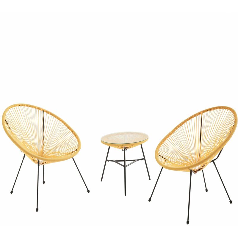 Set mit 2 eiförmigen ACAPULCO-Sesseln mit Beistelltisch - Gelb - 4-beinige Sessel im Retro-Design mit Couchtisch, Kunststoffschnur
