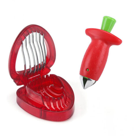 Set mit 2 Erdbeerschneidern, Erdbeerschäler, Obst- und Kirschschäler, Gemüseschäler, Stiel- und Blattschäler für Erdbeeren, Küchenhelfer zum Backen und Marmeladenmachen
