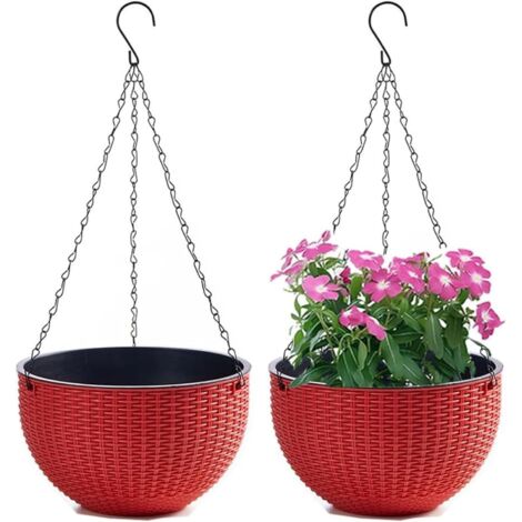 Set mit 2 Hängeblumentöpfen mit Edelstahlkette für drinnen und draußen (Balkon), 21 cm Durchmesser, Rot - ANDERE