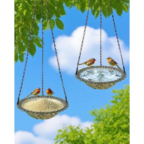 Set mit 2 hängenden Vogeltränken, Futterhäuschen für den Außenbereich, Vogeltränken, Gartendekoration, grau