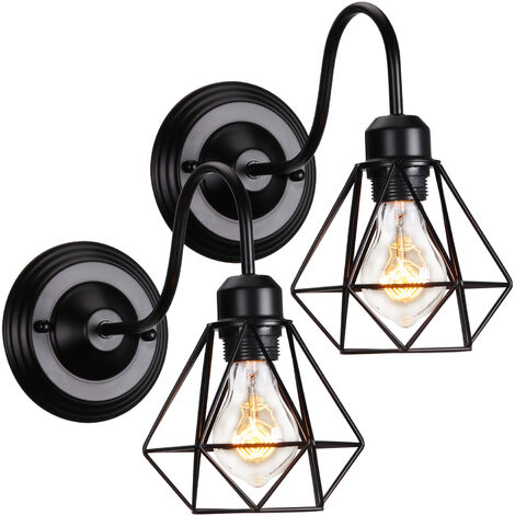 Set mit 2 industriellen Vintage-Wandleuchten für den Innenbereich, E27, Wandleuchte, Metallschirm mit Holzständer für Wohnzimmer, Flur, Bar (schwarz)
