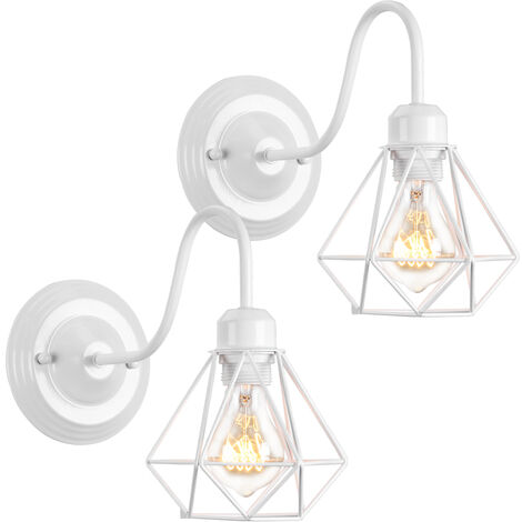 Set mit 2 industriellen Vintage-Wandleuchten für den Innenbereich, E27, Wandleuchte, Metallschirm mit Holzständer für Wohnzimmer, Flur, Bar (weiß)