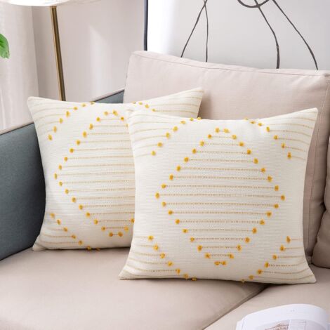 Set mit 2 Kissenbezügen 45 x 45 cm, Bohemian-Dekokissen, moderner gewebter quadratischer Kissenbezug für Sofa, Schlafzimmer, Wohnzimmer, Gelb und Weiß