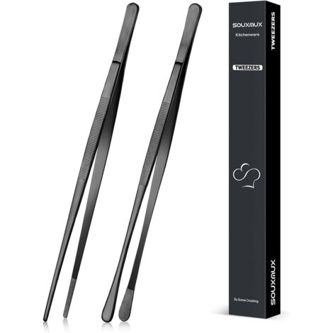 Set mit 2 Küchenzangen aus Edelstahl, 25,5 cm, gezahnte Spitzen, Grillzange, schwarze Beschichtung