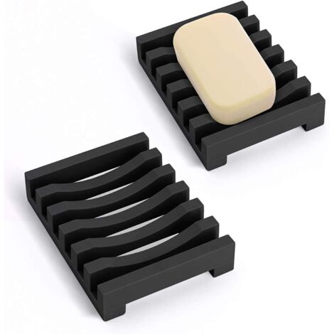 Set mit 2 langen Seifenschalen, schwarzer Silikon-Seifenhalter mit selbstentleerendem Ablauf und Trocknungsdesign, für Küche, Duschraum, Badezimmer (Schwarz)