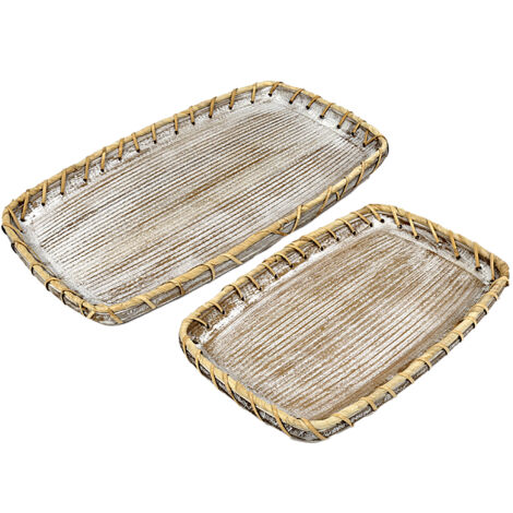 Set mit 2 rechteckigen Tabletts aus Holz/Rattan, 42 x 25 x 4 cm
