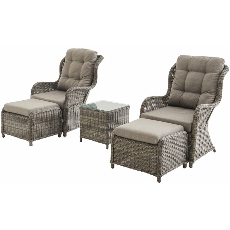Set mit 2 Relax-Sesseln aus abgerundetem Polyrattan mit Fußstütze und Couchtisch - Barletta Grau - Rattan-Look, beigefarbene Kissen, Aluminiumgestell