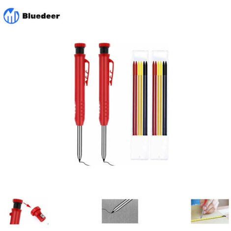 Set mit 2 robusten Druckbleistiften für Schreinerarbeiten inklusive Minen zum Zeichnen, für Holzarbeiten, in Schwarz, Gelb und Rot