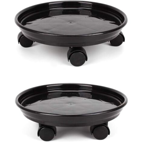Set mit 2 runden Blumentopf-Tabletts (30 cm) mit 4 Rädern für Haus oder Garten – Schwarz
