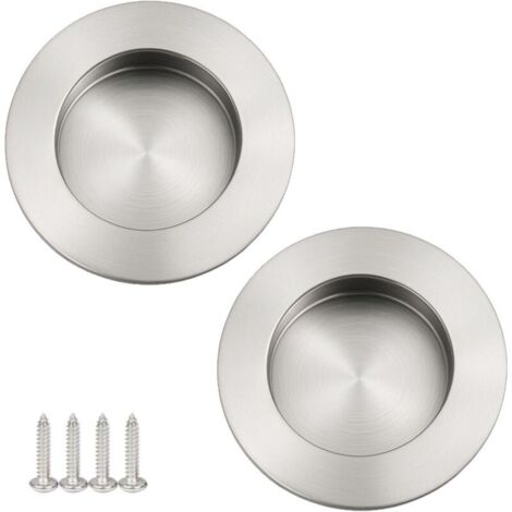 Set mit 2 runden, eingelassenen Schiebetürgriffen, gebürsteter, silberfarbener Edelstahl, Möbelgriffe mit Schrauben für Schränke, Schubladen, Scheunentore, Kleiderschränke – 40 mm Innendurchmesser