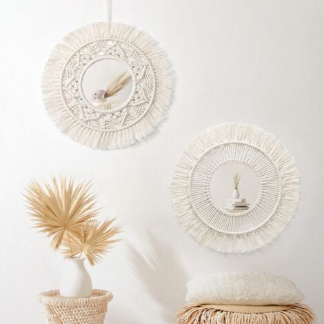 Set mit 2 runden Makramee-Wandspiegeln, Wandspiegel mit Fransen, hängender Anhänger, Spiegel, Kunstornament, Boho-Dekoration für Wohnung, Zuhause, Schlafzimmer, Wohnzimmer (Beige, 2 Stück)