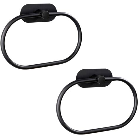 Set mit 2 selbstklebenden Handtuchringen für Badezimmer, Wandmontage, Edelstahl, Montagezubehör, kein Bohren erforderlich, moderner runder Handtuchhalter, schwarz