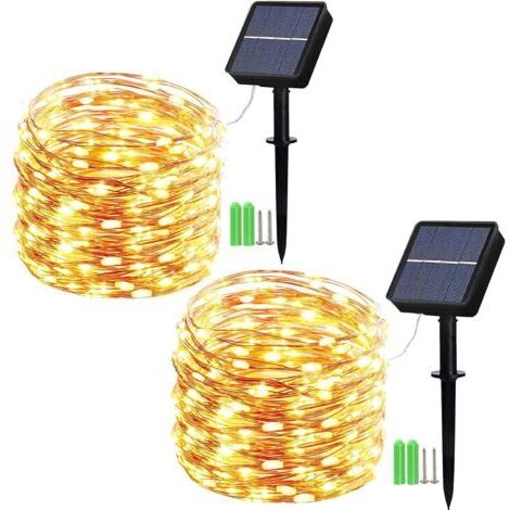 Set mit 2 Solar-Lichterketten für den Außenbereich, 10 m lang, 100 LEDs, Kupferdraht, 8 Modi, für Außendekoration, Garten, Bäume usw. (Warmweiß)