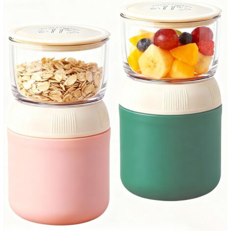 Set mit 2 tragbaren Müslibechern inklusive Löffeln, 400 ml + 300 ml für Joghurt unterwegs, auslaufsicher, ideal für Reisen, Arbeit und Schule, spülmaschinen- und handwaschbar