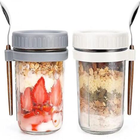 Set mit 2 tragbaren Overnight-Oatmeal-Bechern – 2 Becher + 2 Löffel + Watte + Karton