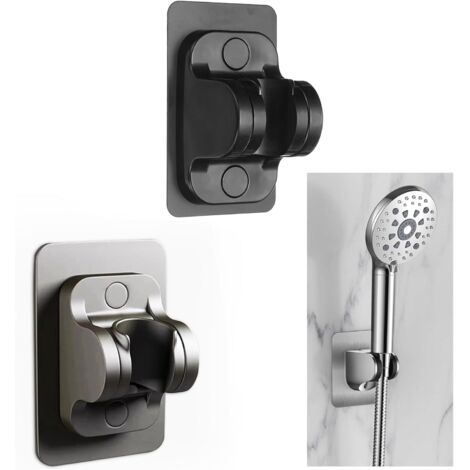 Set mit 2 universellen Duschkopfhalterungen, schwarz und silber, selbstklebend, kein Bohren erforderlich, für Fliesen, Glas und Metall, mit 3D-Verstellung