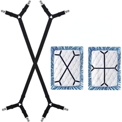 Set mit 2 verstellbaren Spannbettlaken-Befestigungsbändern mit Clips – Universelle quadratische Matratzen – Schwarz