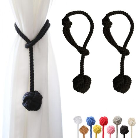 Set mit 2 Vorhanghaltern mit großem handgewebtem Baumwollball für Outdoor-Vorhänge (Schwarz, 2)