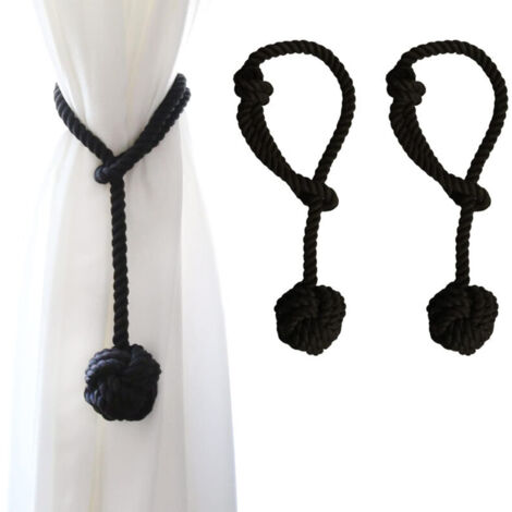 Set mit 2 Vorhanghaltern mit großem handgewebtem Baumwollball für Outdoor-Vorhänge (Schwarz, 2)