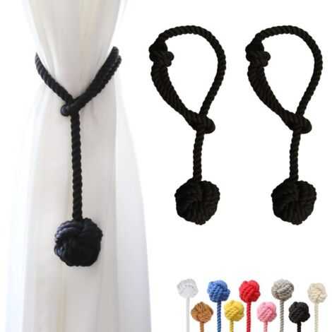 Set mit 2 Vorhanghaltern mit großem handgewebtem Baumwollball für Outdoor-Vorhänge (Schwarz, 2)