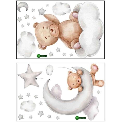 Set mit 2 Wandstickern fürs Kinderzimmer: ein Teddybär, der auf dem Mond schläft, und Comicfiguren. Wanddekoration fürs Babyzimmer.