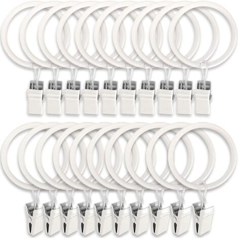 Set mit 20 Metall-Gardinenringen inklusive Clips, Haken, Raffhaltern und Gardinenstangen, 3,8 cm Innendurchmesser, weiß