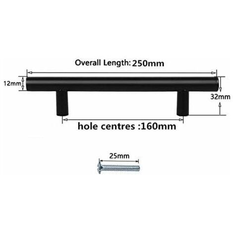 Set mit 20 schwarzen Edelstahl-Küchenschrankgriffen, schwarze T-förmige Stangengriffe, Küchengriffe, Ø 12 mm (Lochabstand: 160 mm)