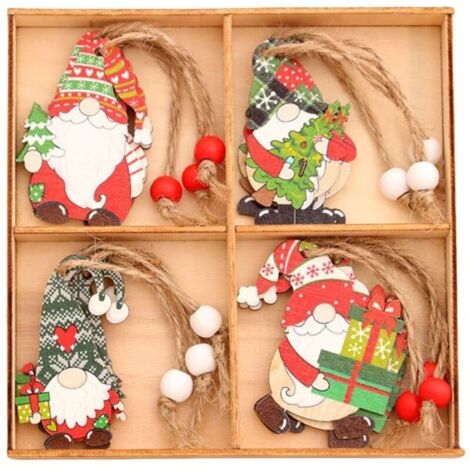 Set mit 24 Christbaumkugeln, Holzdekorationen, Wichtel, Zwerg, 5,8 cm hoch, rot und weiß