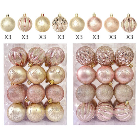 Set mit 24 Weihnachtskugeln, 6 cm – Mehrfarbige, verzinkte Kunststoff-Baumdekorationen in verschiedenen Formen, langlebiger Festtagsschmuck