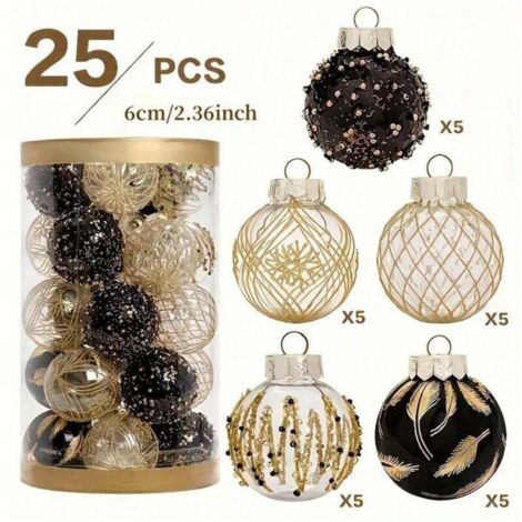 Set mit 25 runden Weihnachtskugeln aus Kunststoff, 6 cm Durchmesser, mit glitzerndem goldenem Federdesign, für die Innendekoration