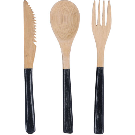 Set mit 3 BPA-freien japanischen Holzbesteckteilen – schwarze Löffel, Gabeln und Küchenmesser