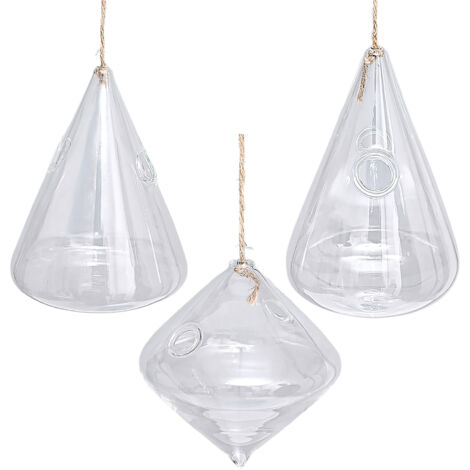 Set mit 3 geometrischen hängenden Glasvasen für Hydrokultur – Moderne Wanddekoration für Pflanzen