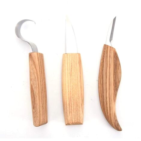 Set mit 3 Holzschnitzwerkzeugen für Löffel, Detailmesser, Polier- und Lederschärfwerkzeug