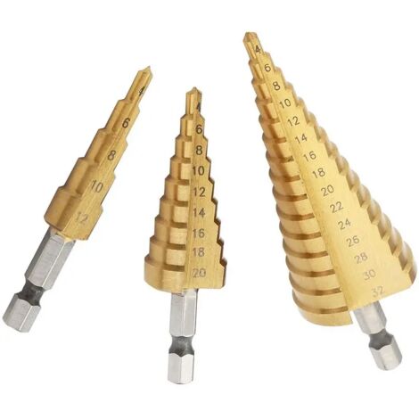 Set mit 3 HSS-Titan-Stufenbohrern, Sechskantschaft, metrisch, für Holz und Metall