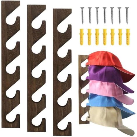Set mit 3 Hutablagen für Baseballkappen, vertikaler, wandmontierter Baseballkappenhalter aus Holz, für Schranktür, Schlafzimmer, Wohnzimmer, Eingangsbereich, Waschküche (braun)