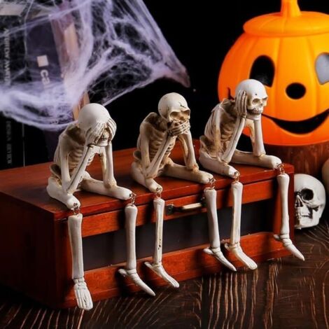 Set mit 3 künstlichen Totenköpfen für den Halloween-Kamin – Kollektion „Schau / Hör zu / Sprich schlecht“ – Dekoration aus Kunstharz in Form eines gruseligen Totenkopfs, ideal für den Innenhof oder ei