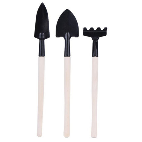 Set mit 3 Miniatur-Gartengeräten mit Holzgriffen: Schaufel, Rechen, Pflanzkübel