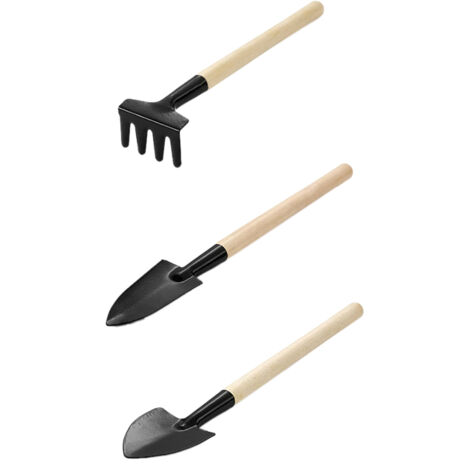 Set mit 3 Miniatur-Gartengeräten: Schaufel, Rechen und Pflanzkelle mit Holzgriff für einfaches Pflanzen