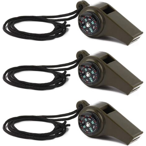 Set mit 3 Notfall-Überlebenspfeifen, 3 in 1 mit Kompass und Thermometer, leistungsstarke Sicherheitspfeife mit Trageschlaufe zum Wandern, Campen usw.