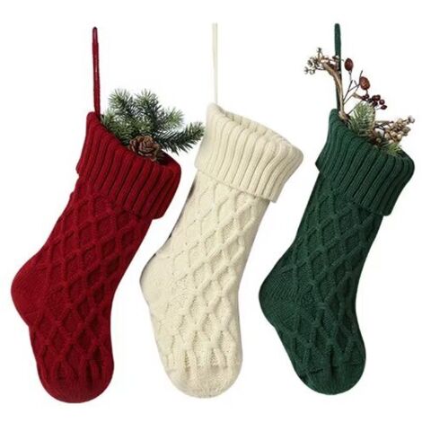 Set mit 3 personalisierten Weihnachtsstrümpfen, 37 cm, groß, gestrickter Weihnachtsschmuck, Burgunderrot, Grün, Weiß