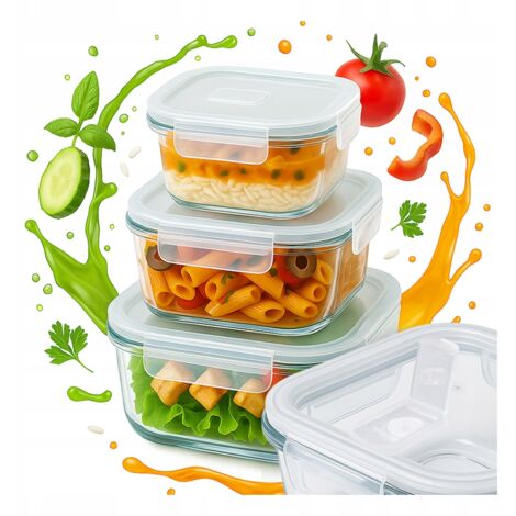 Set mit 3 quadratischen, luftdichten Glasbehältern für Mittagessen