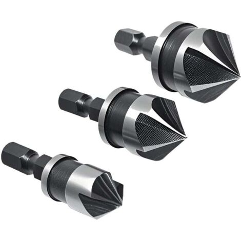 Set mit 3 Schnellwechsel-Sechskantschaft-Bohrern (6,35 mm), 6,35 mm Sechskantschaft, 5 Schneiden, 90°-Kegelbohrer-Set (12 mm/16 mm/19 mm), 5 Schneiden im 90°-Winkel
