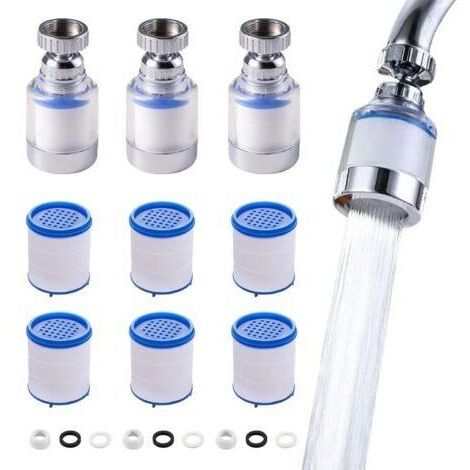 Set mit 3 transparenten, um 360° drehbaren, kalkabweisenden Wasserhahnfiltern mit 6 PP-Baumwollfilterelementen für Haushalt, Küche, Bad und Spüle