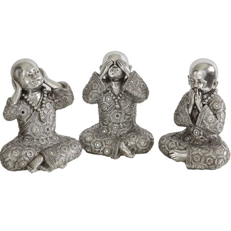 Set mit 3 wahrnehmenden Mönchen aus silbernem Kunstharz, 17 x 15 x 22 cm