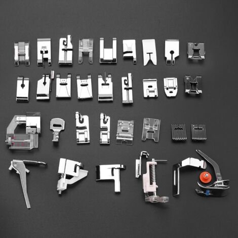 Set mit 32 Nähfüßen für Multifunktionsnähmaschinen, inklusive Reißverschlussfuß, Rollfuß und Kordelfuß, silberfarbenes Metall, 326 g, kompatibel mit Brother und Singer