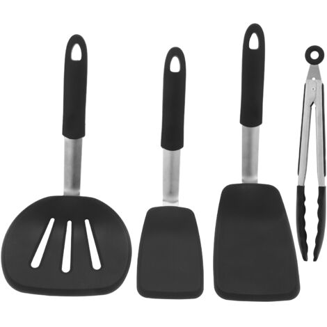 Set mit 4 antihaftbeschichteten Küchenutensilien aus Silikon: Pfannenwender, perforierter Schöpflöffel, Küchenzange